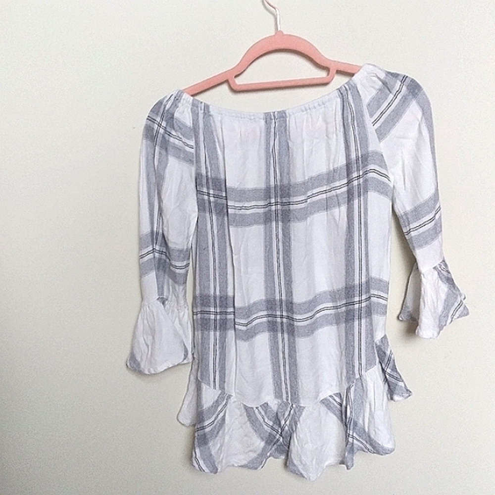 BeachLunchLounge Neutral Plaid Peasant Blouse Size XS